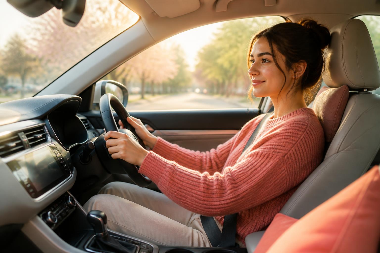 A calm learner driver holding the steering wheel in an automatic car